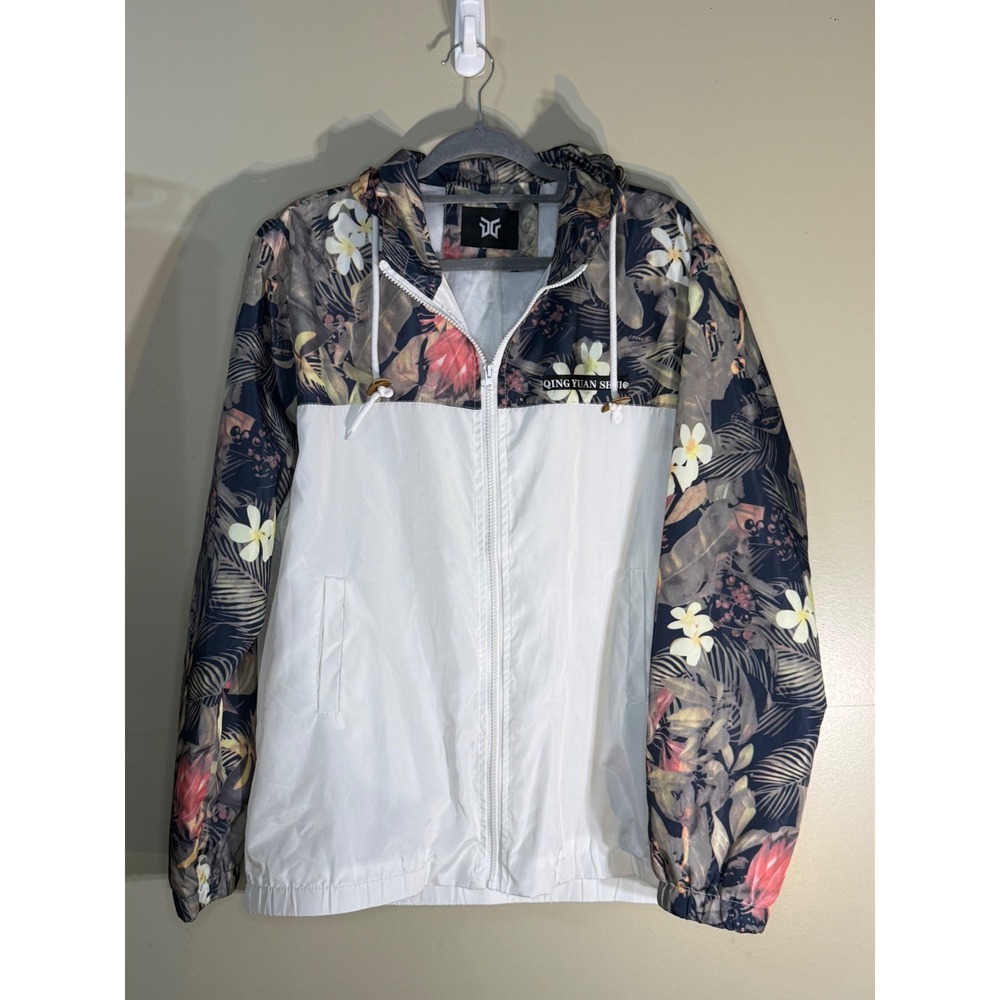 Qing Yuan Shui Tropical Floral Windbreaker Hooded Jacket White H70 Mens XL